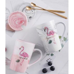 Kubek ceramiczny z przykrywką i łyżeczką - idealne na prezent ślubny, Rodzaj: Zestaw Flamingos