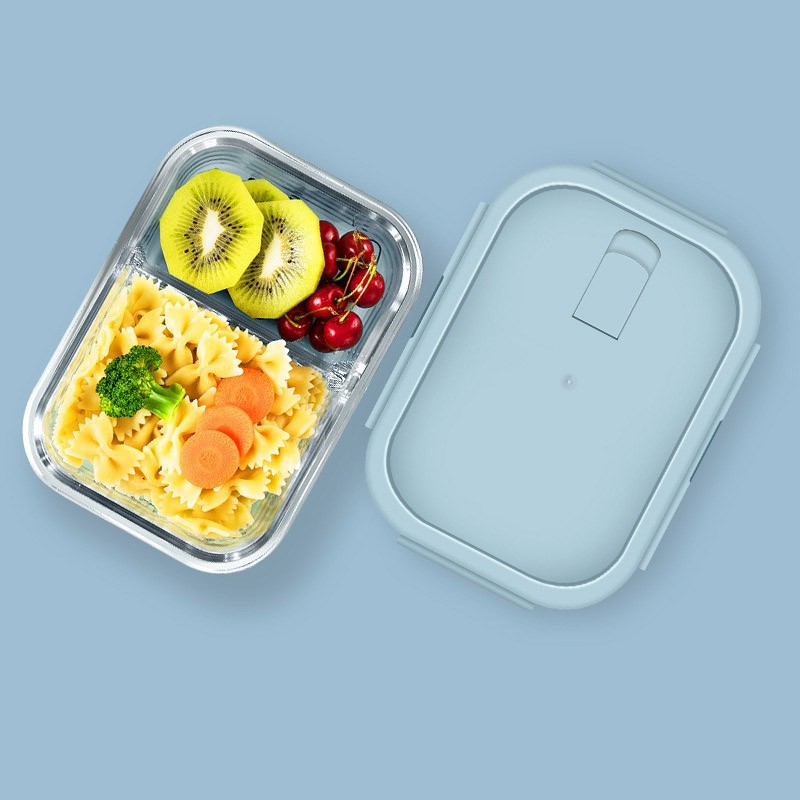 Pojemniki do przechowywania żywność ze szkła borokrzemowego, Pojemnik: Prostokąt z 2-przegródkami 640 ML  BLUE